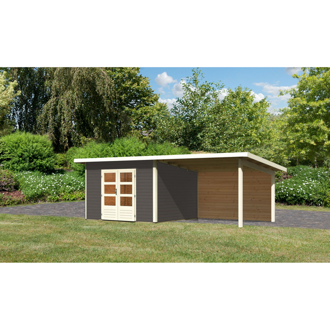 Bild von Gartenhaus-Set 'Fortheim 3' terragrau mit Anbaudach und Rückwand 664 x 229,5 x 331,5 cm