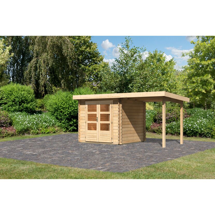 Gartenhaus-Set 'Kastrup 2' naturbelassen mit Anbaudach 454 x 217 x 273 cm