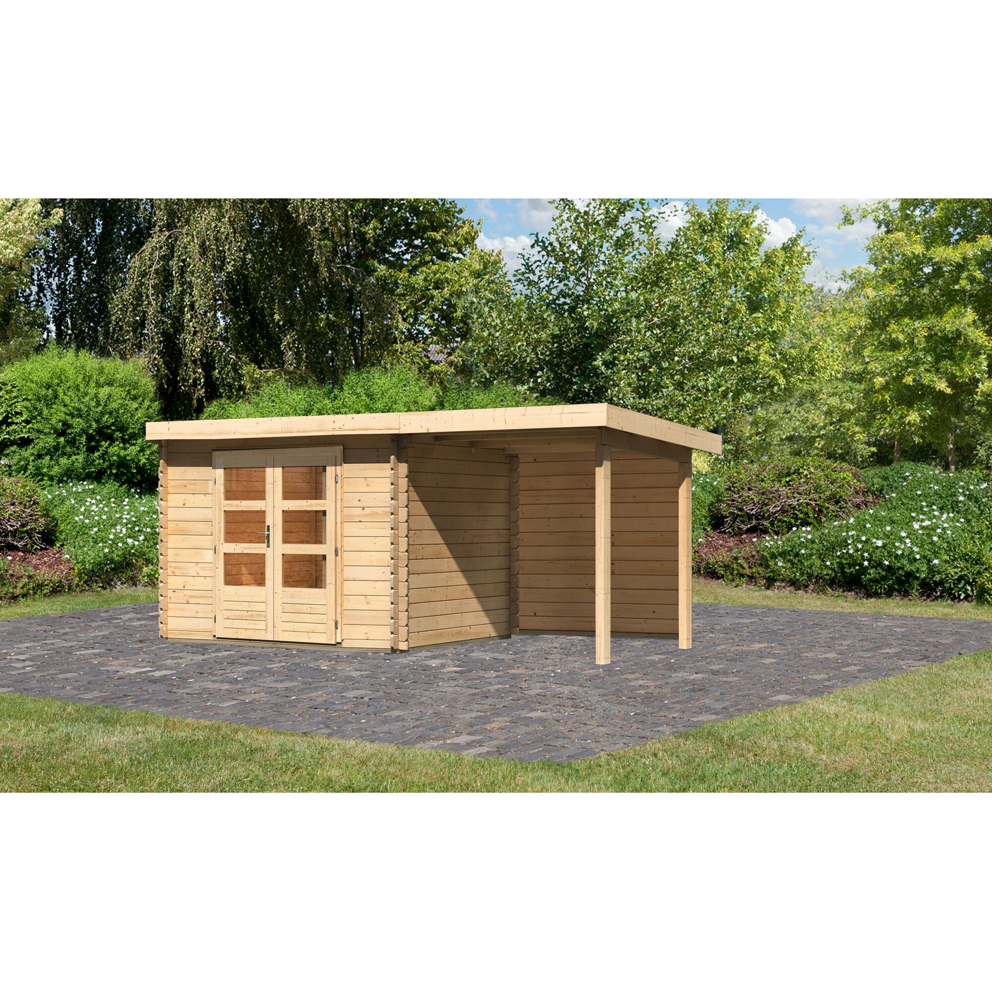 Gartenhaus aus Holz mit Gründach und Überdachung