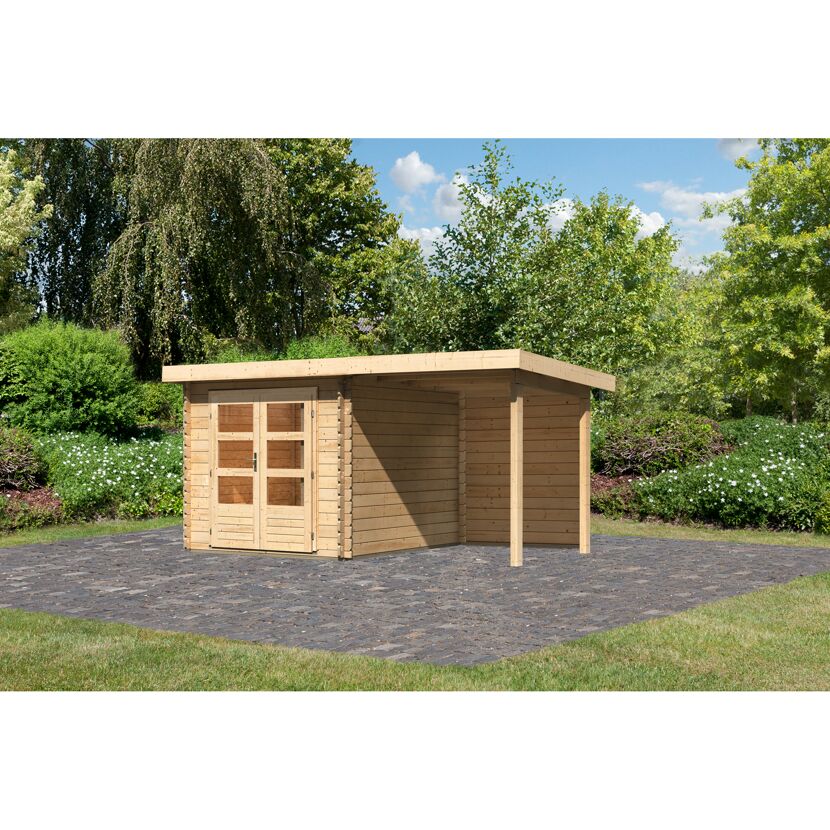Gartenhaus aus Holz mit Gründach und Überdachung