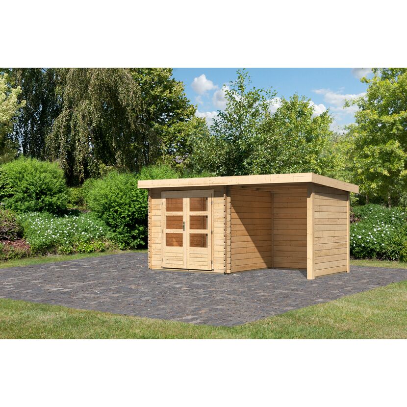 Gartenhaus aus Holz mit Doppeltür und Überdachung