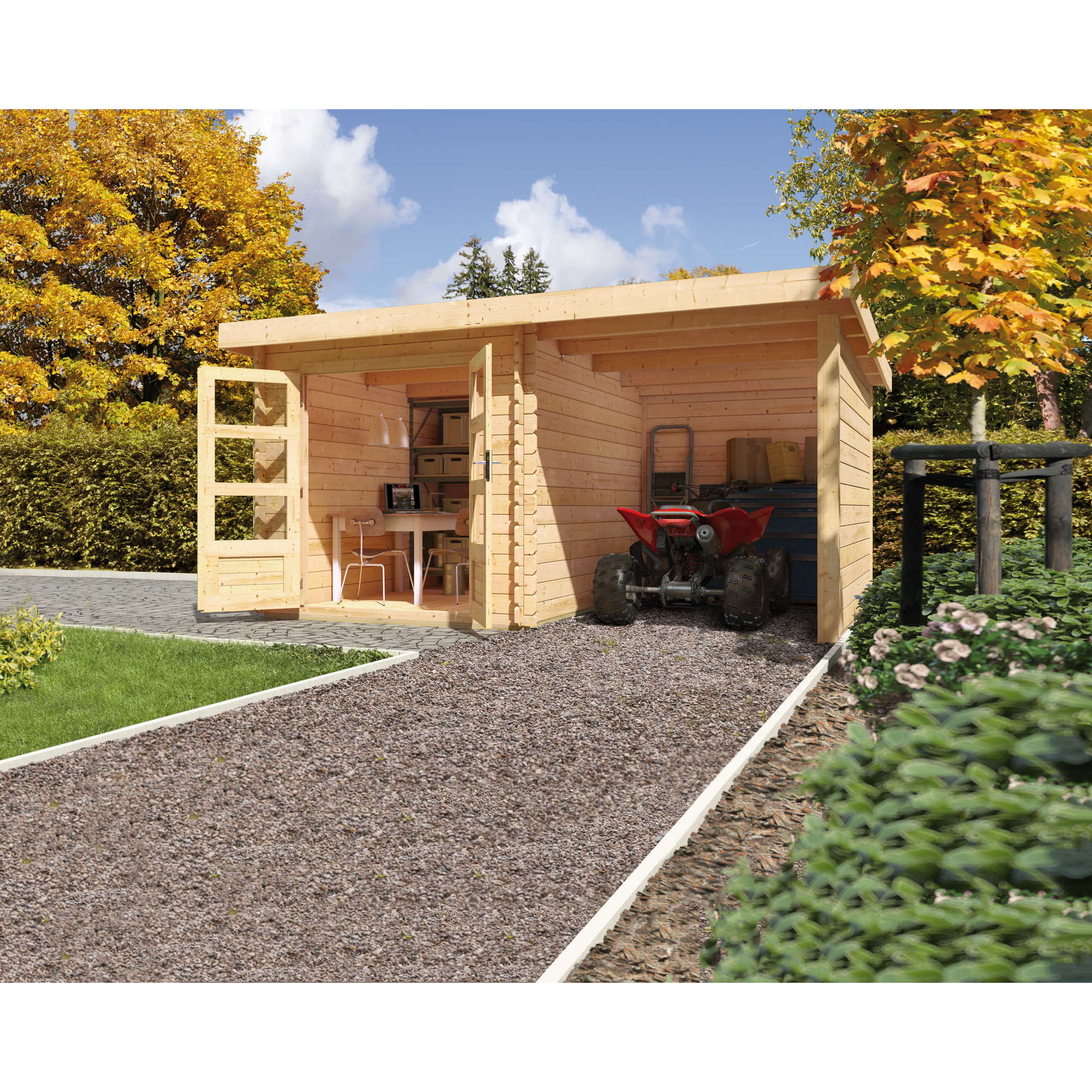 Gartenhaus-Set 'Kastrup 2' naturbelassen mit Anbaudach, Seiten- und Rückwand 454 x 217 x 273 cm + product picture