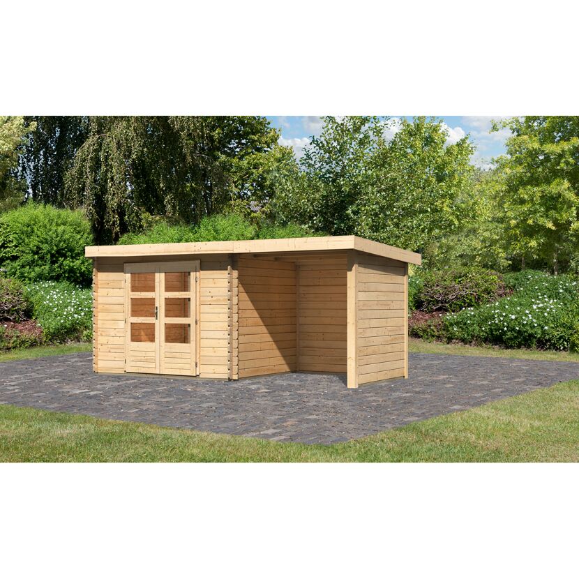Gartenhaus aus Holz mit Gründach und Überdachung