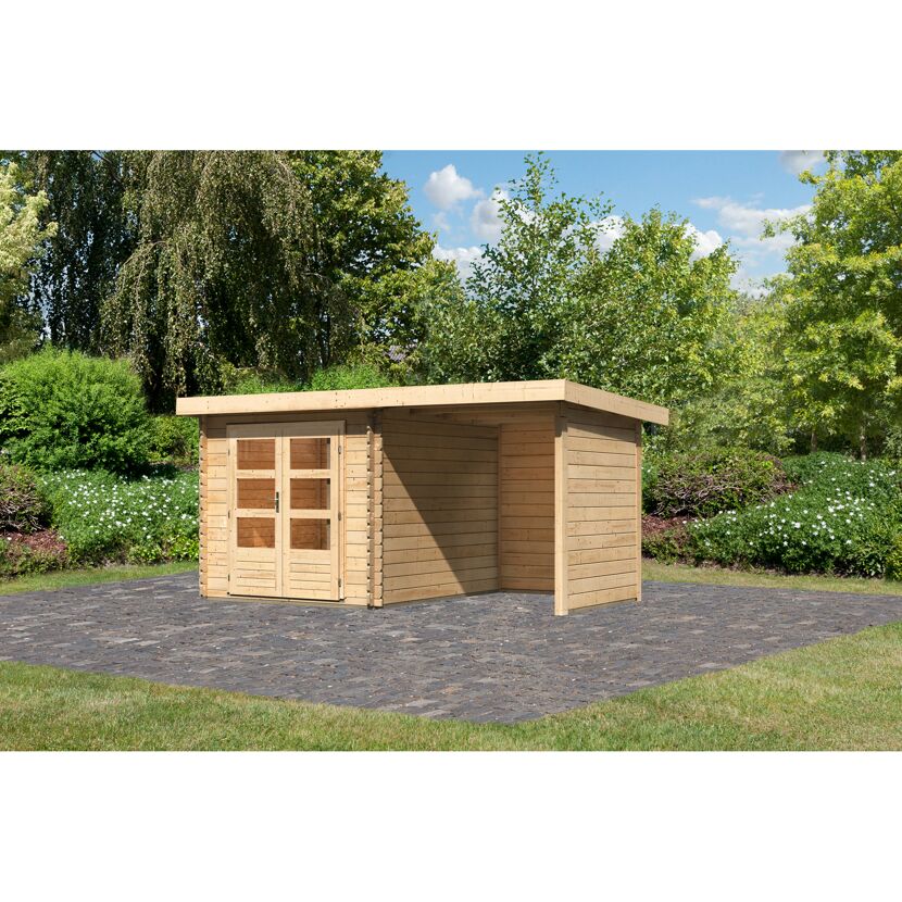 Gartenhaus aus Holz mit Flachdach und Überdachung
