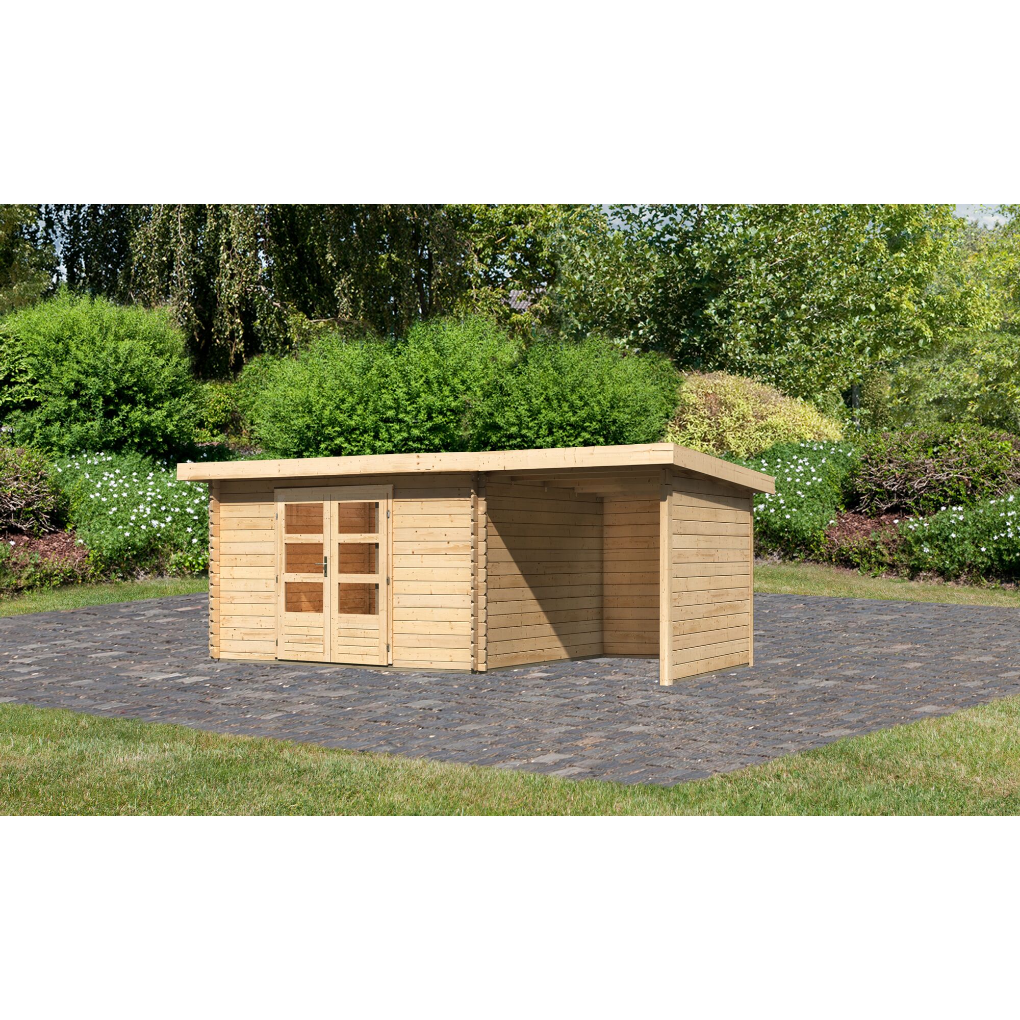 Gartenhaus aus Holz mit Doppeltür und Vordach