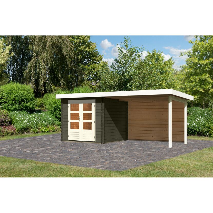 Gartenhaus-Set 'Kastrup 2' terragrau mit Anbaudach und Rückwand 255 x 217 x 273 cm