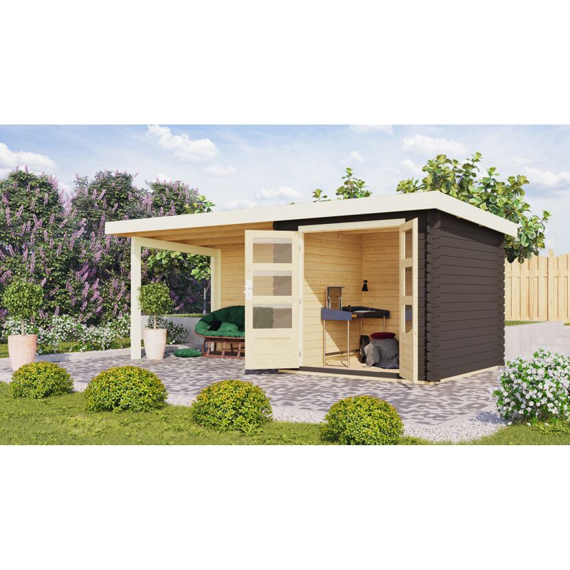 Gartenhaus-Set 'Kastrup 2' terragrau mit Anbaudach und Rückwand 255 x 217 x 273 cm
