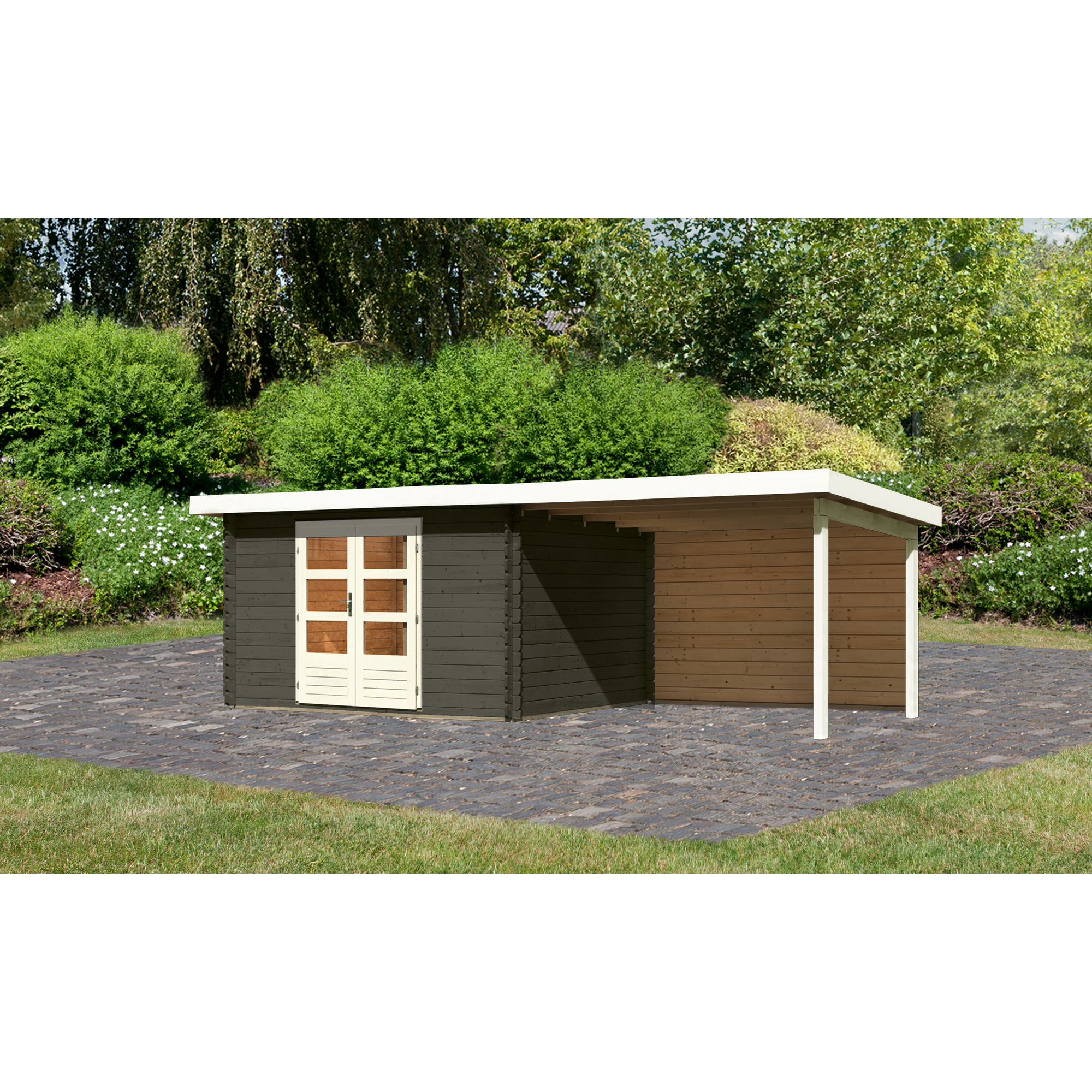 Gartenhaus-Set 'Kastrup 7' terragrau mit Anbaudach und Rückwand 674 x 222 x 333 cm + product picture