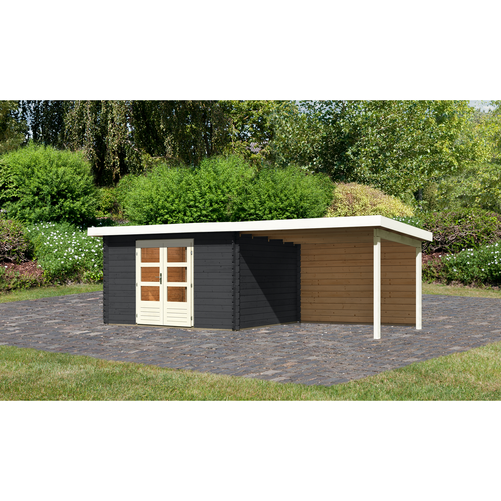 Gartenhaus-Set 'Kastrup 7' anthrazit mit Anbaudach und Rückwand 674 x 222 x 333 cm + product picture