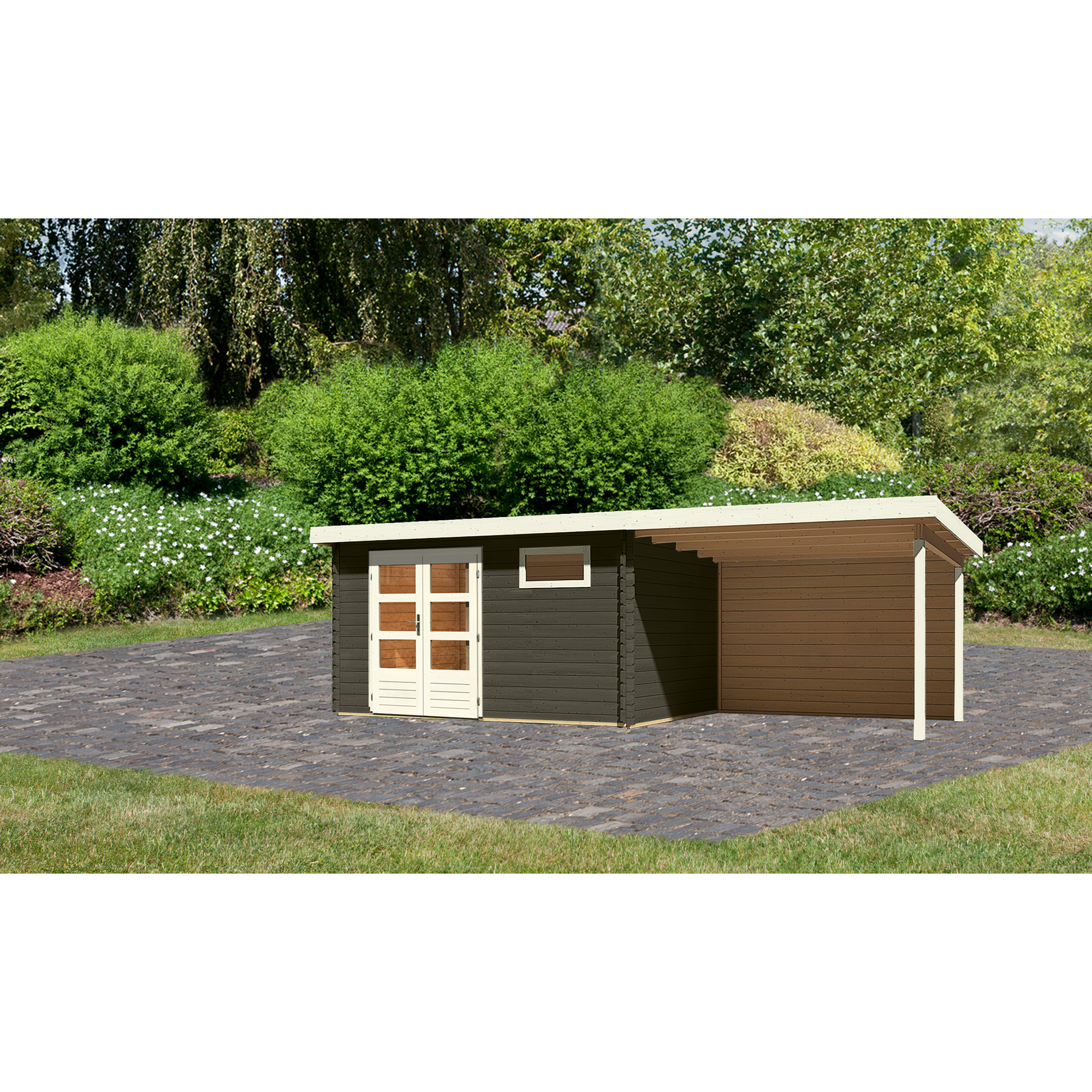 Gartenhaus-Set 'Kastrup 8' terragrau mit Anbaudach und Rückwand 704 x 220 x 333 cm + product picture