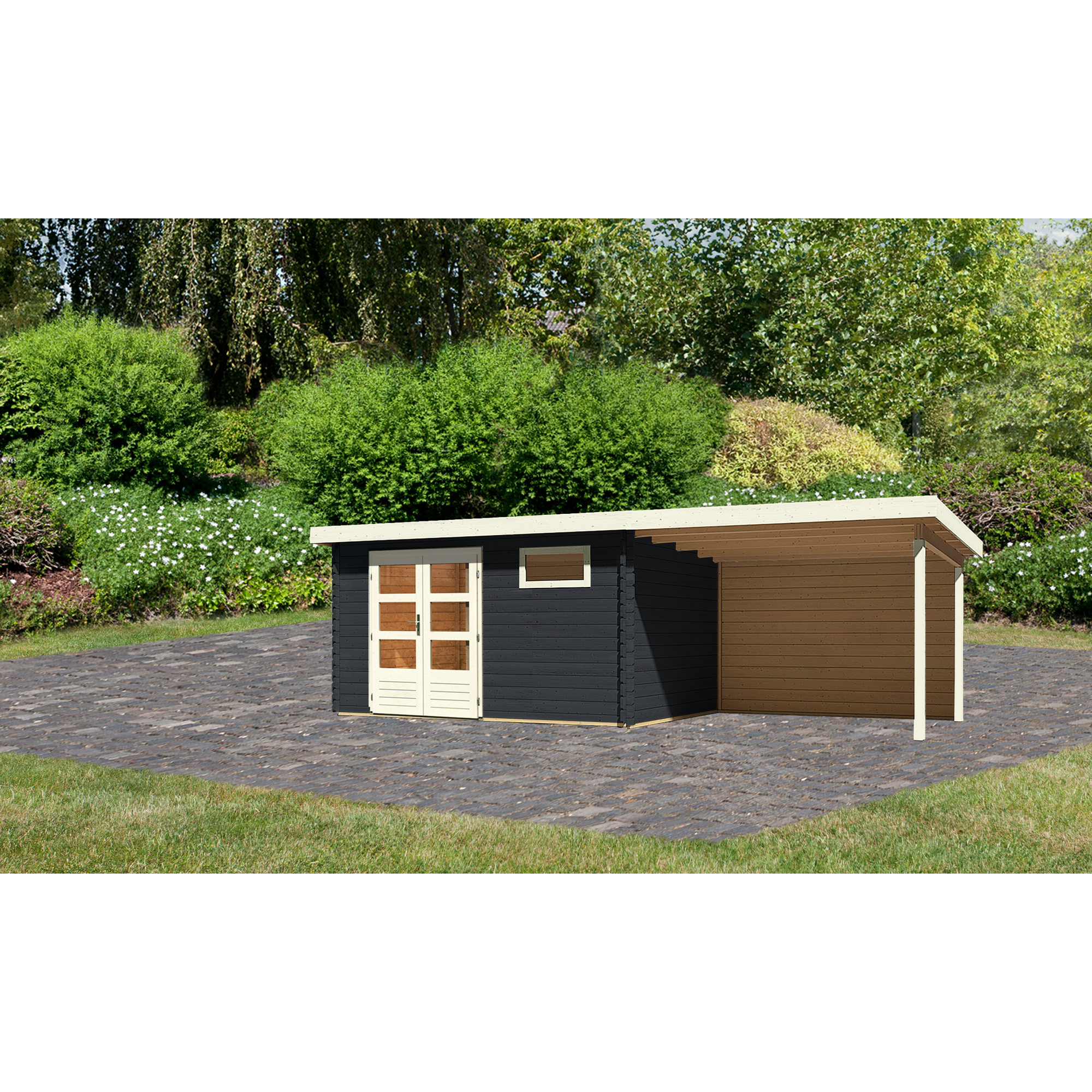 Gartenhaus-Set 'Kastrup 8' anthrazit mit Anbaudach und Rückwand 704 x 220 x 333 cm + product picture