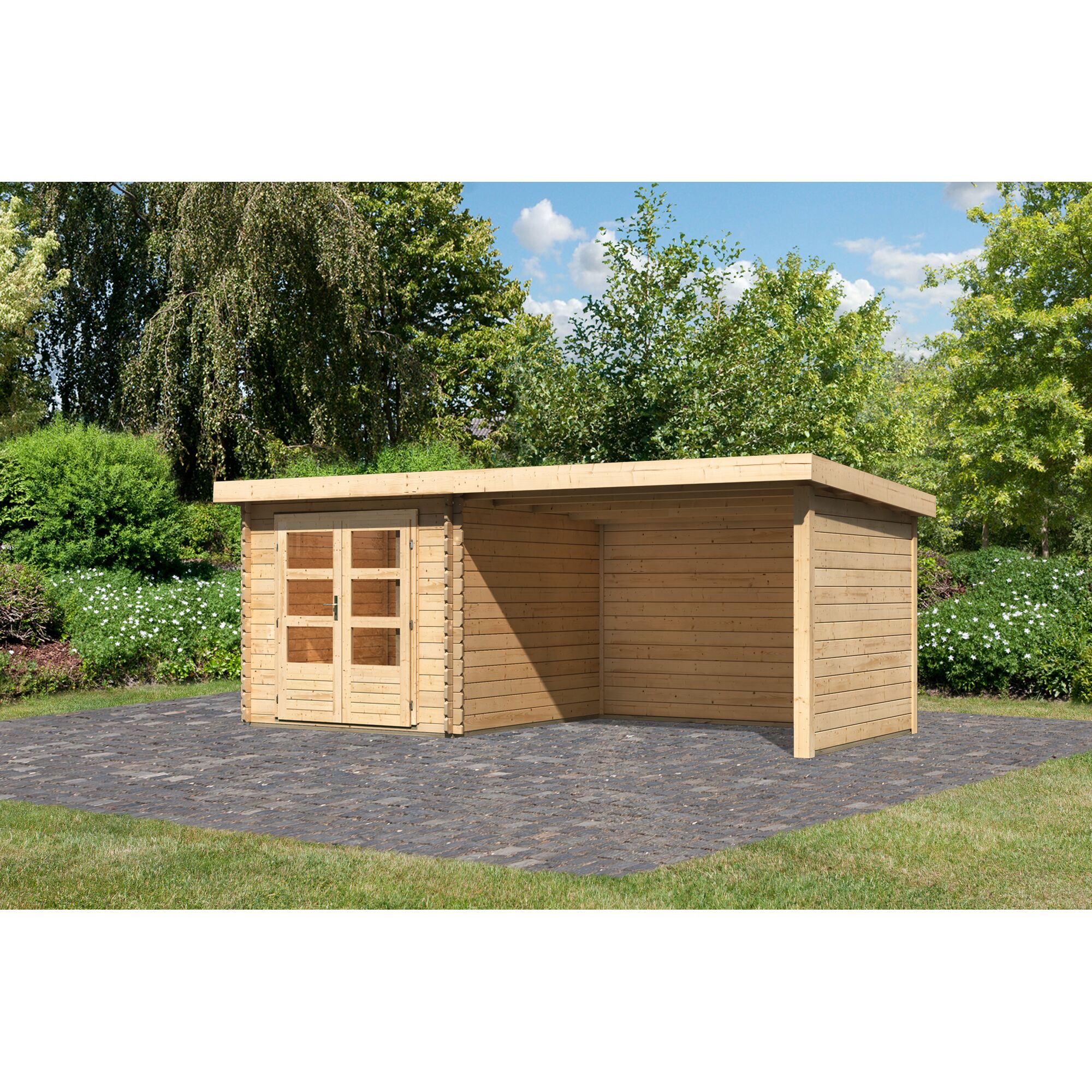 Gartenhaus aus Holz mit Gründach und Überstand