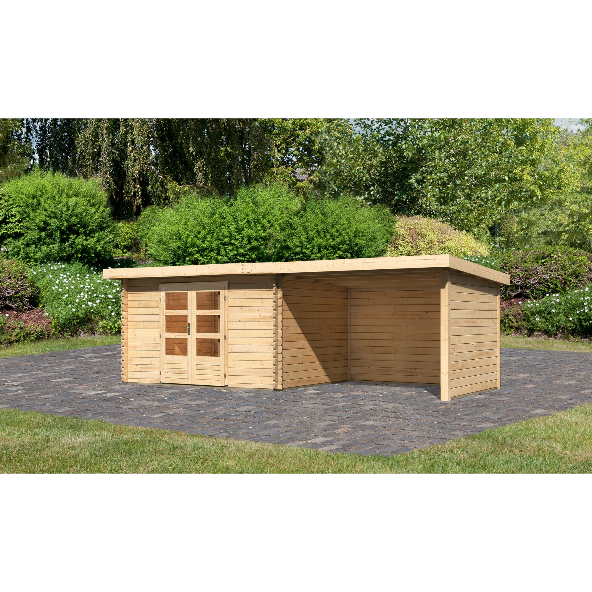 Gartenhaus aus Holz mit Flachdach und Überdachung