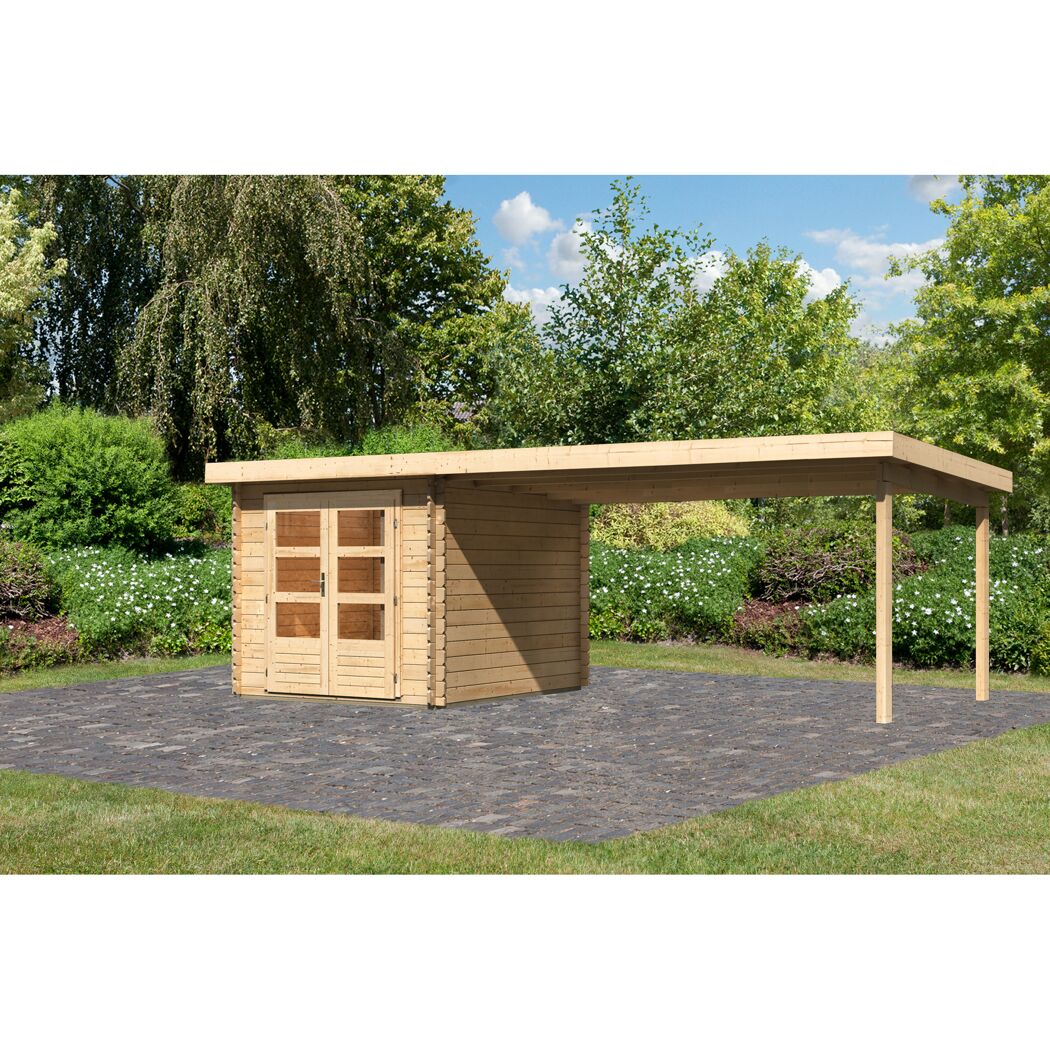 Gartenhaus aus Holz mit Gründach und Überdachung