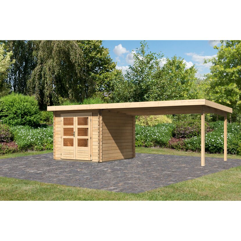 Gartenhaus aus Holz mit Gründach und Überdachung