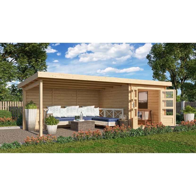 Gartenhaus aus Holz mit überdachter Terrasse