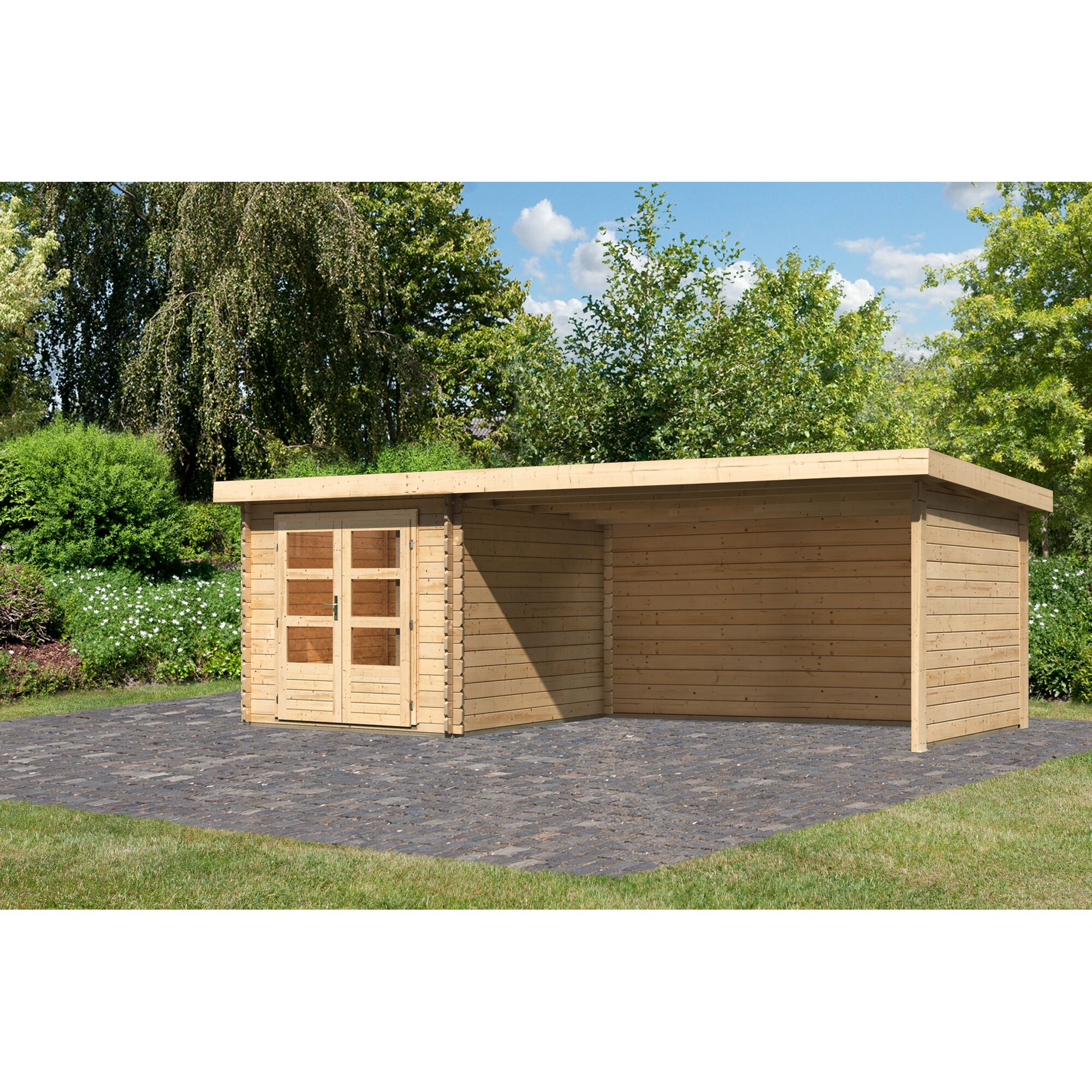 Gartenhaus aus Holz mit Gründach und Überstand