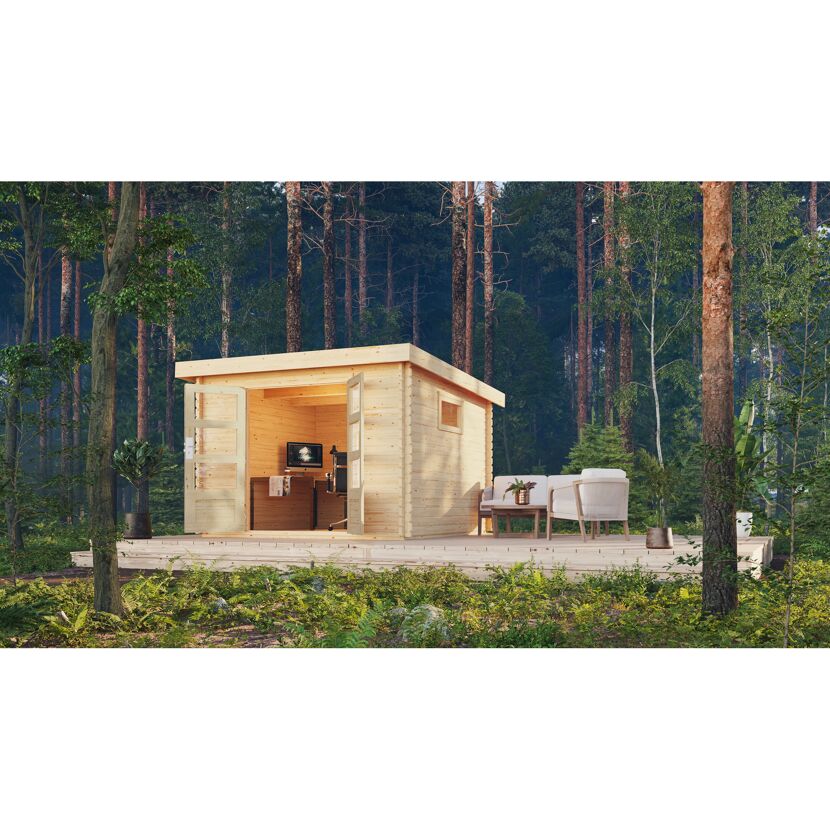 Holzhaus im Wald mit Terrasse