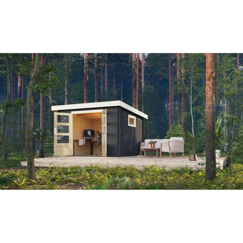 Gartenhaus im Wald mit Schreibtisch