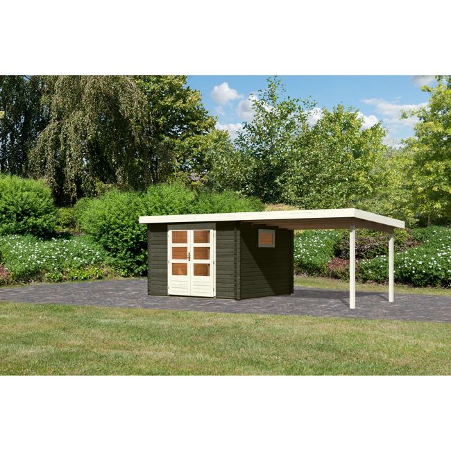 Bild von Gartenhaus-Set 'Ahrensburg 3' terragrau mit Anbaudach 614,5 x 217 x 333 cm
