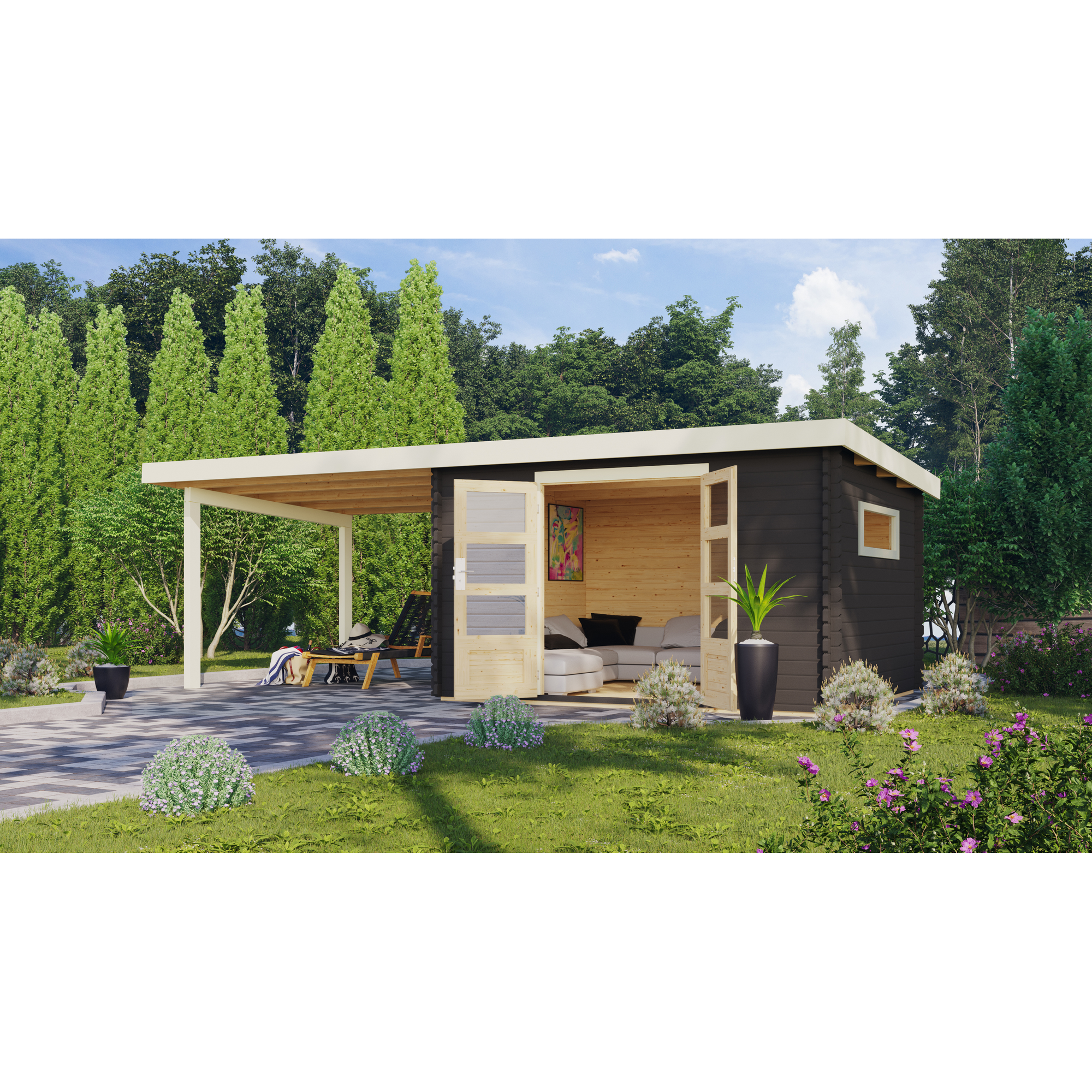 Gartenhaus-Set 'Ahrensburg 5' terragrau mit Anbaudach 706 x 217 x 333 cm