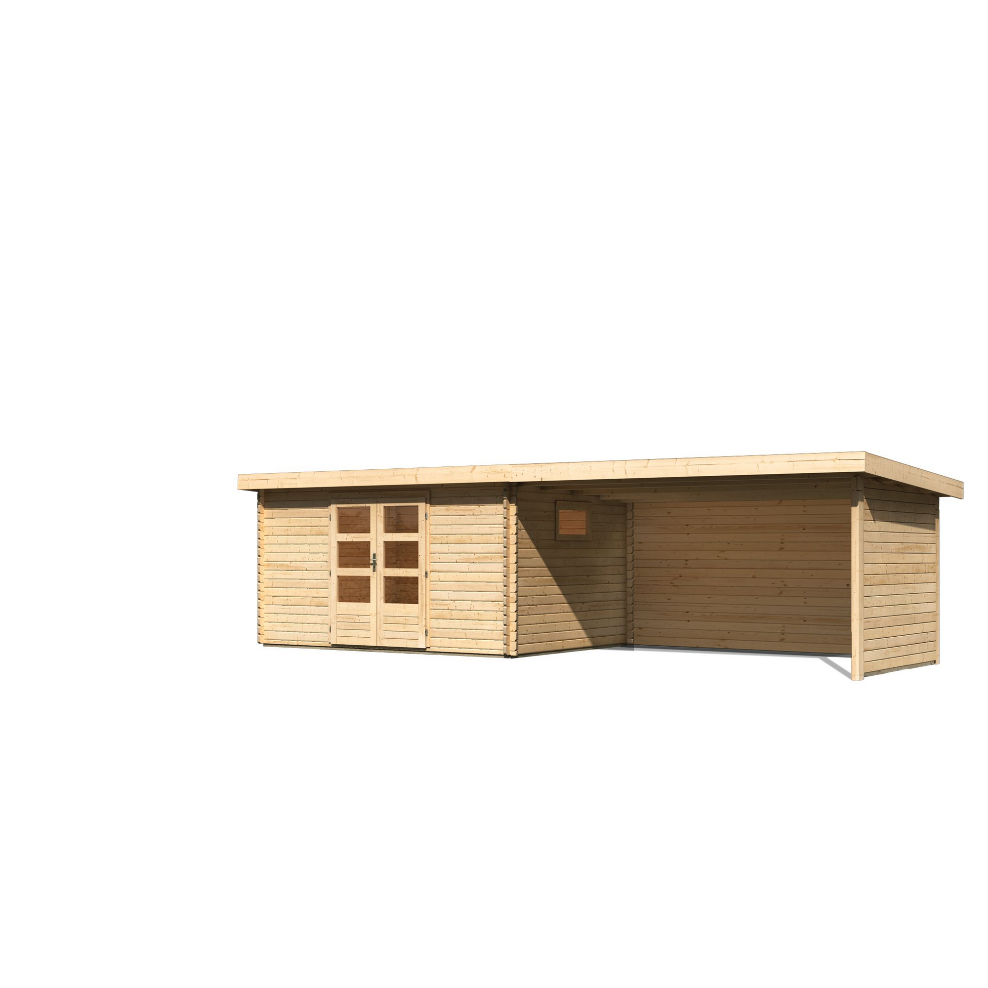 Gartenhaus-Set 'Ahrensburg 5' naturbelassen mit Anbaudach, Rück- und Seitenwand 806 x 217 x 333 cm