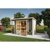 Offener Gartenschrank mit Gartengeräten