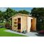Gartenhaus aus Holz mit Gartengeräten