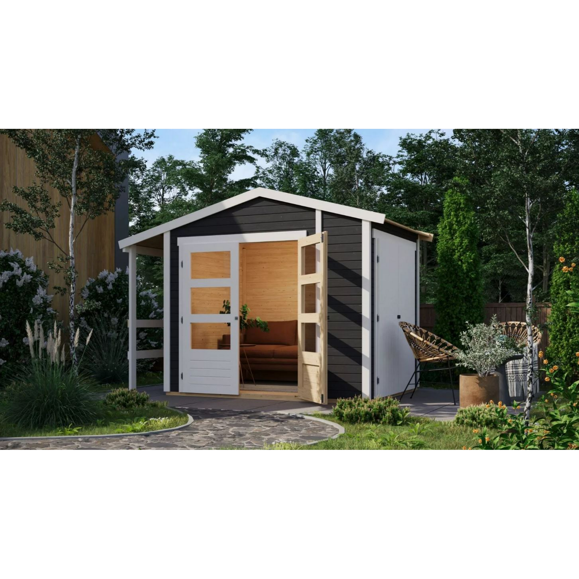 Gartenhaus-Set 'Kombo' terragrau 303 x 210 x 187 cm mit Satteldach, Schrank und Anbaudach + product picture