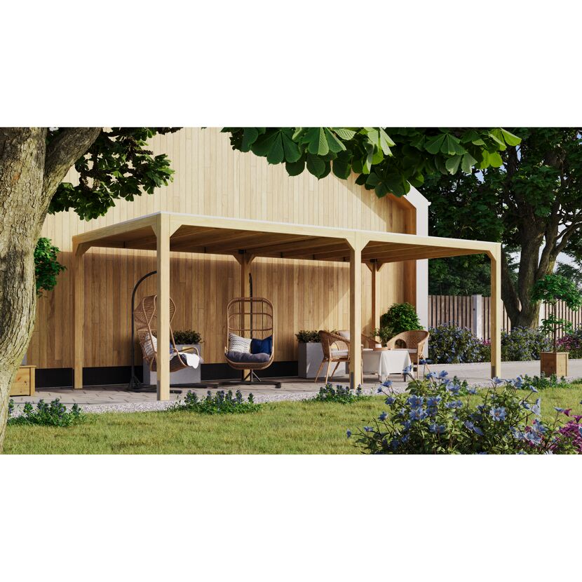 Holzpavillon mit Gartenmöbeln