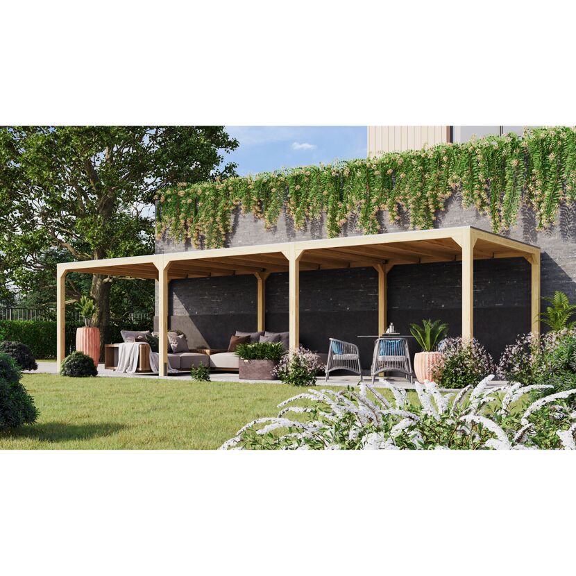 Holzpergola mit Gartenmöbeln