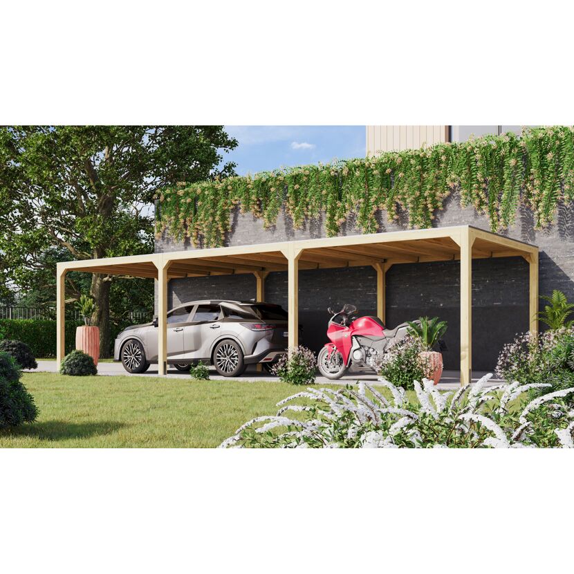 Auto und Motorrad unter einem Carport