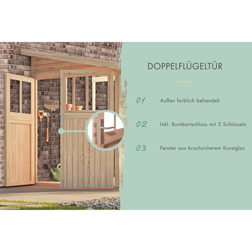 Offener Gartenschrank mit Doppelflügeltür und Gartengeräten