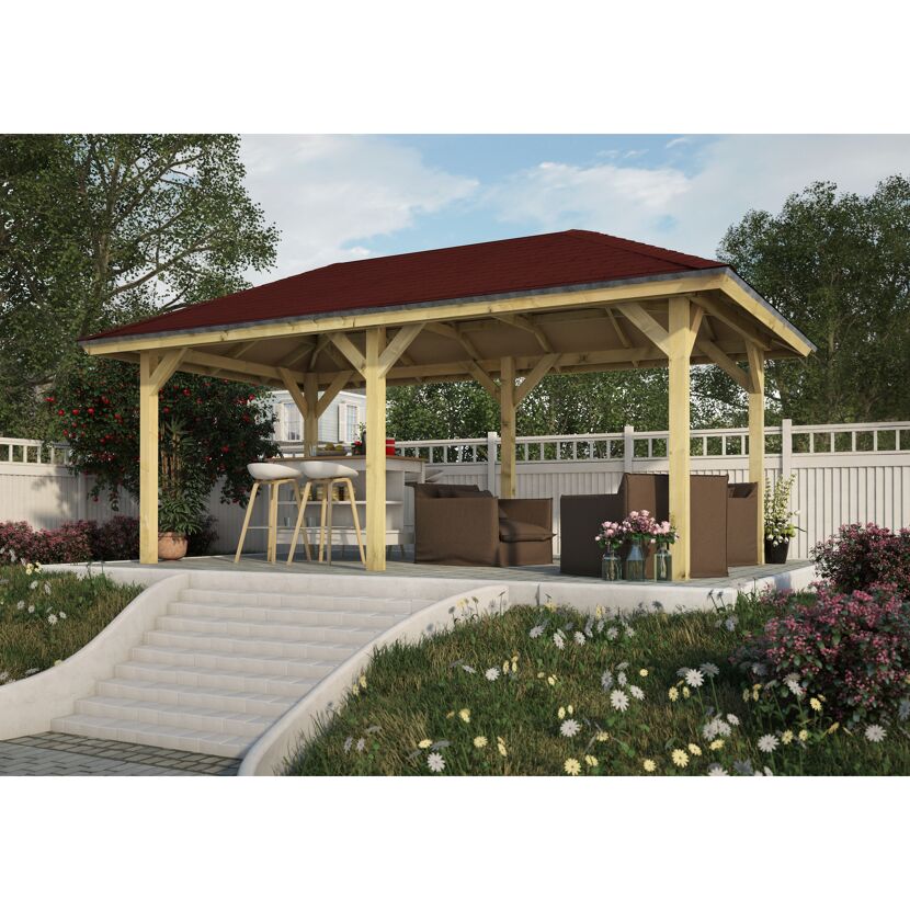 Holzpavillon mit Theke und Stühlen