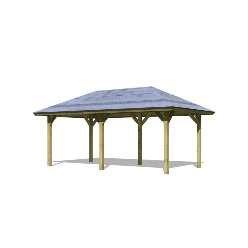 Holzpavillon mit grauem Dach