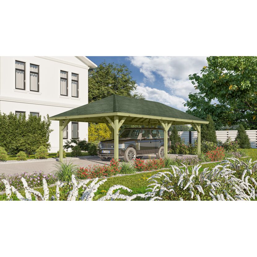 Auto steht unter einem grünen Carport