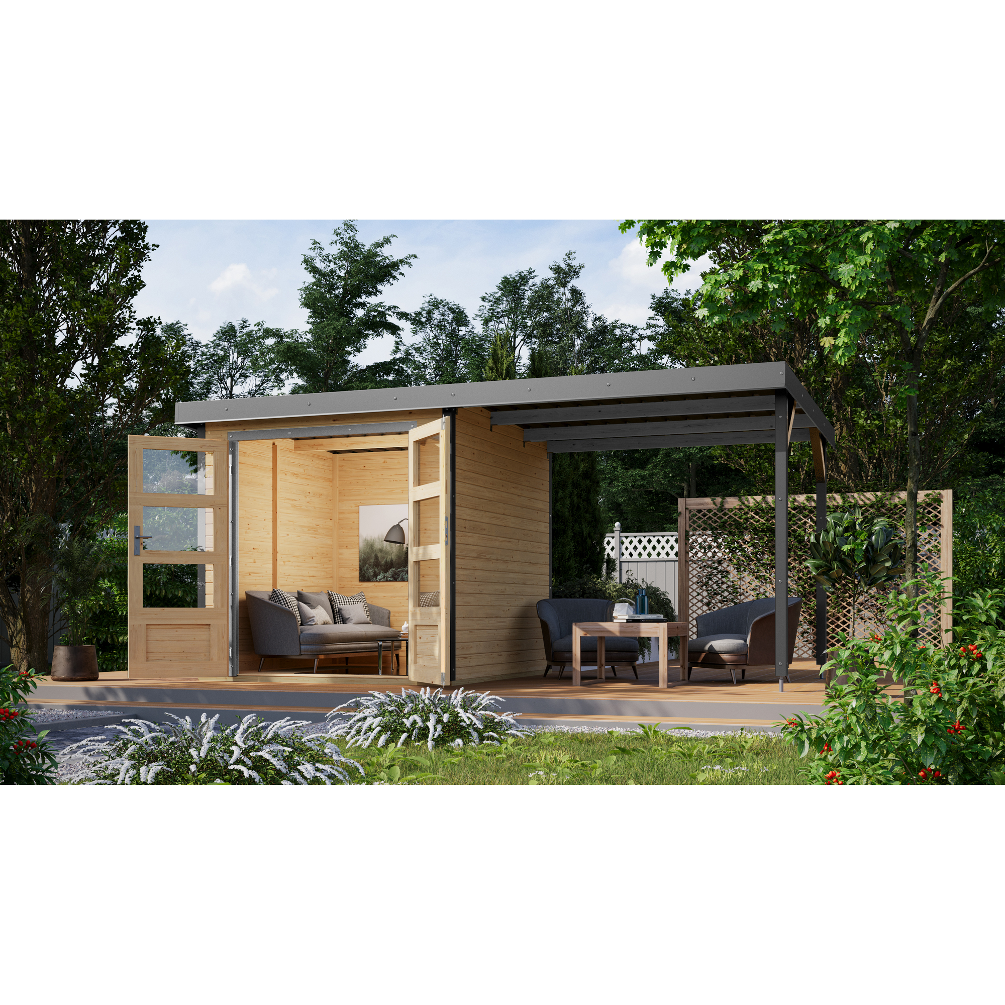 Metall-Holzgartenhaus-Set 'Komet 2 A' Fichtenholz naturbelassen Metall graualuminium 438 x 208,5 x 213 cm