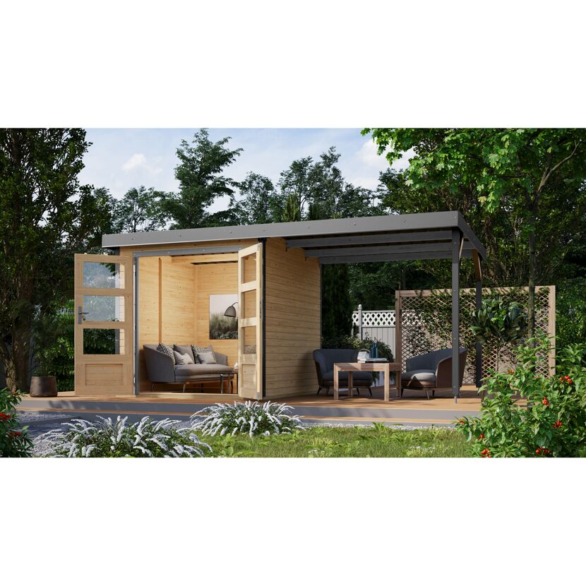 Metall-Holzgartenhaus-Set 'Komet 2 A' Fichtenholz naturbelassen Metall graualuminium 438 x 208,5 x 213 cm