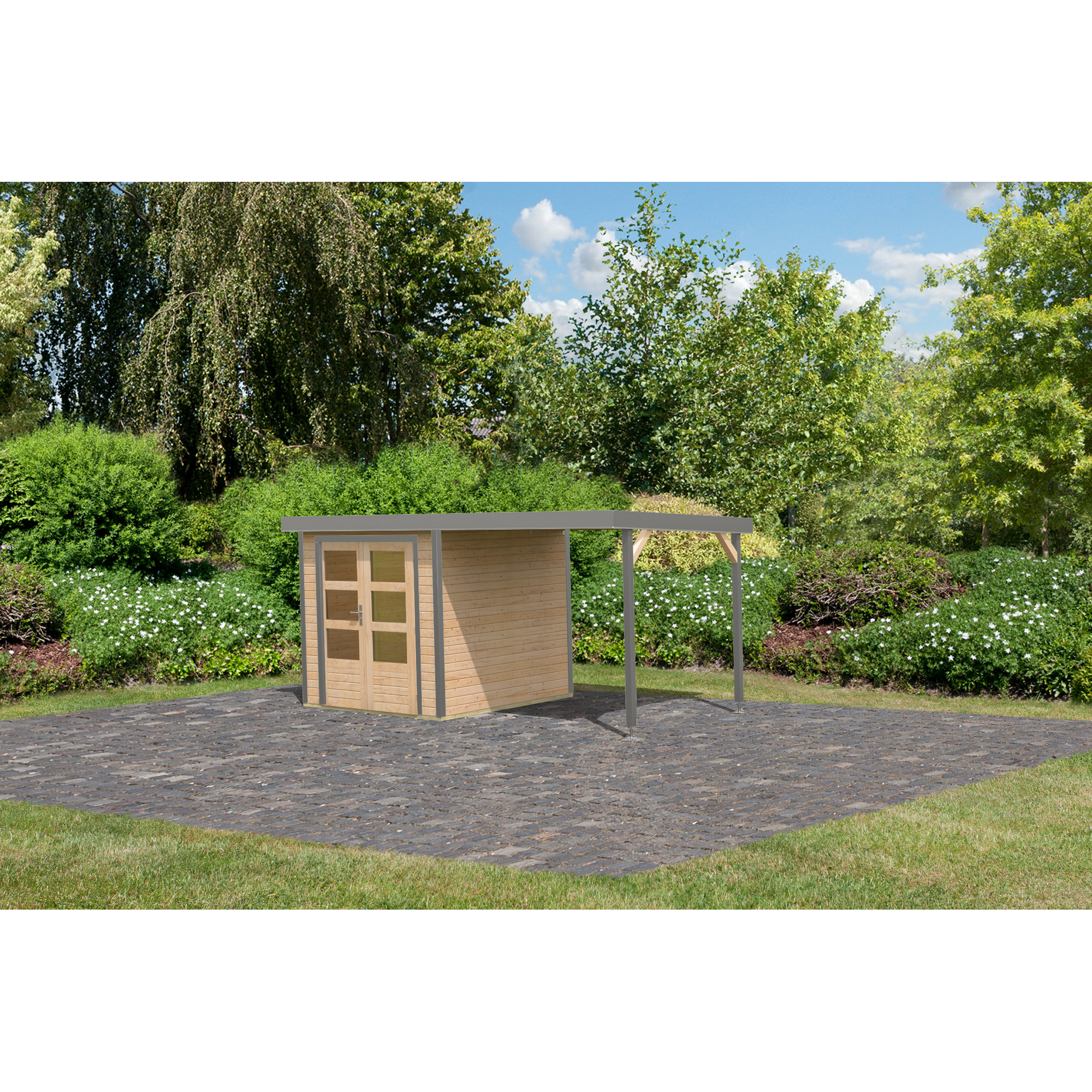 Metall-Holzgartenhaus-Set 'Komet 2 A' Fichtenholz naturbelassen Metall graualuminium 438 x 208,5 x 213 cm