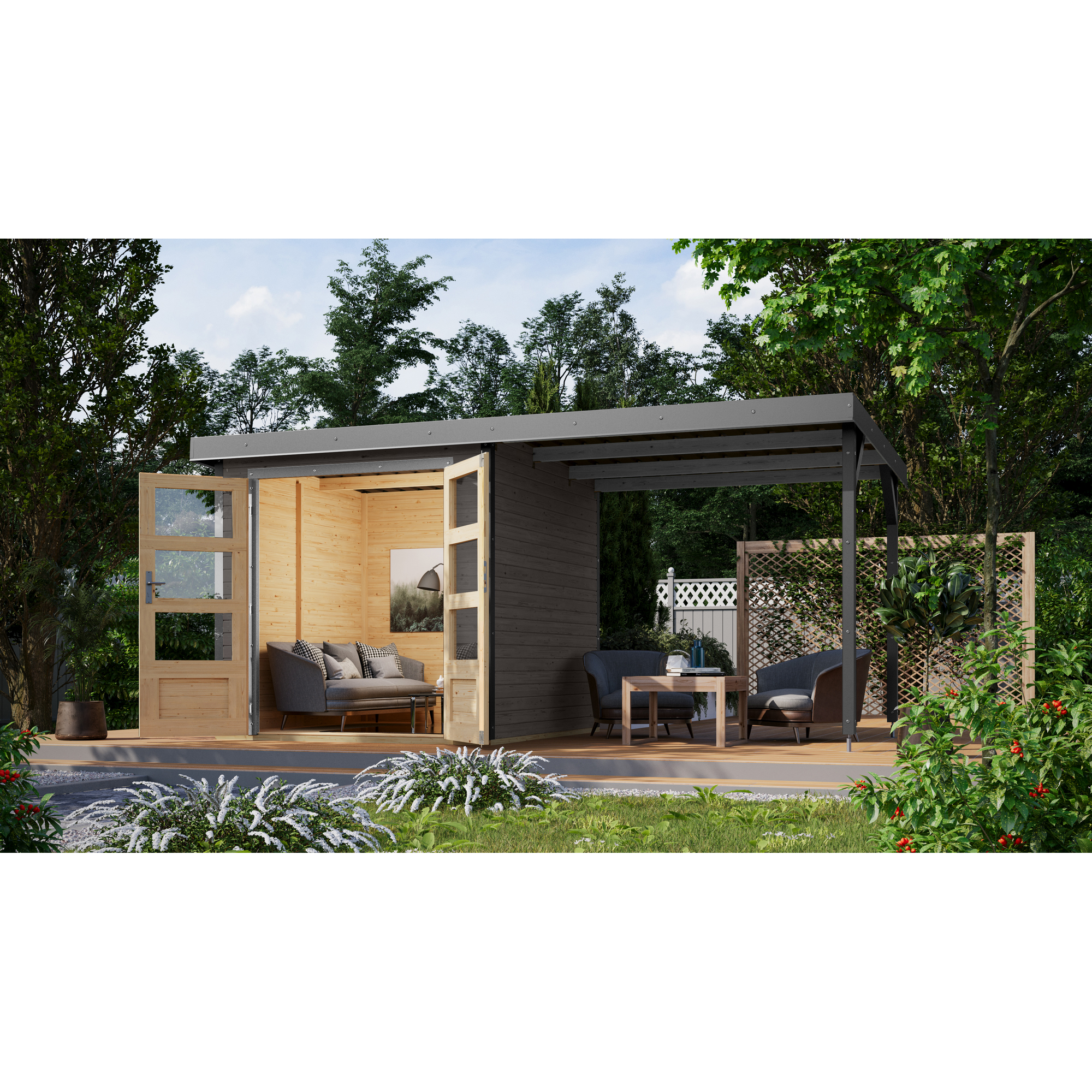 Metall-Holzgartenhaus-Set 'Komet 2 B' Fichtenholz terragrau Metall graualuminium 438 x 208,5 x 213 cm