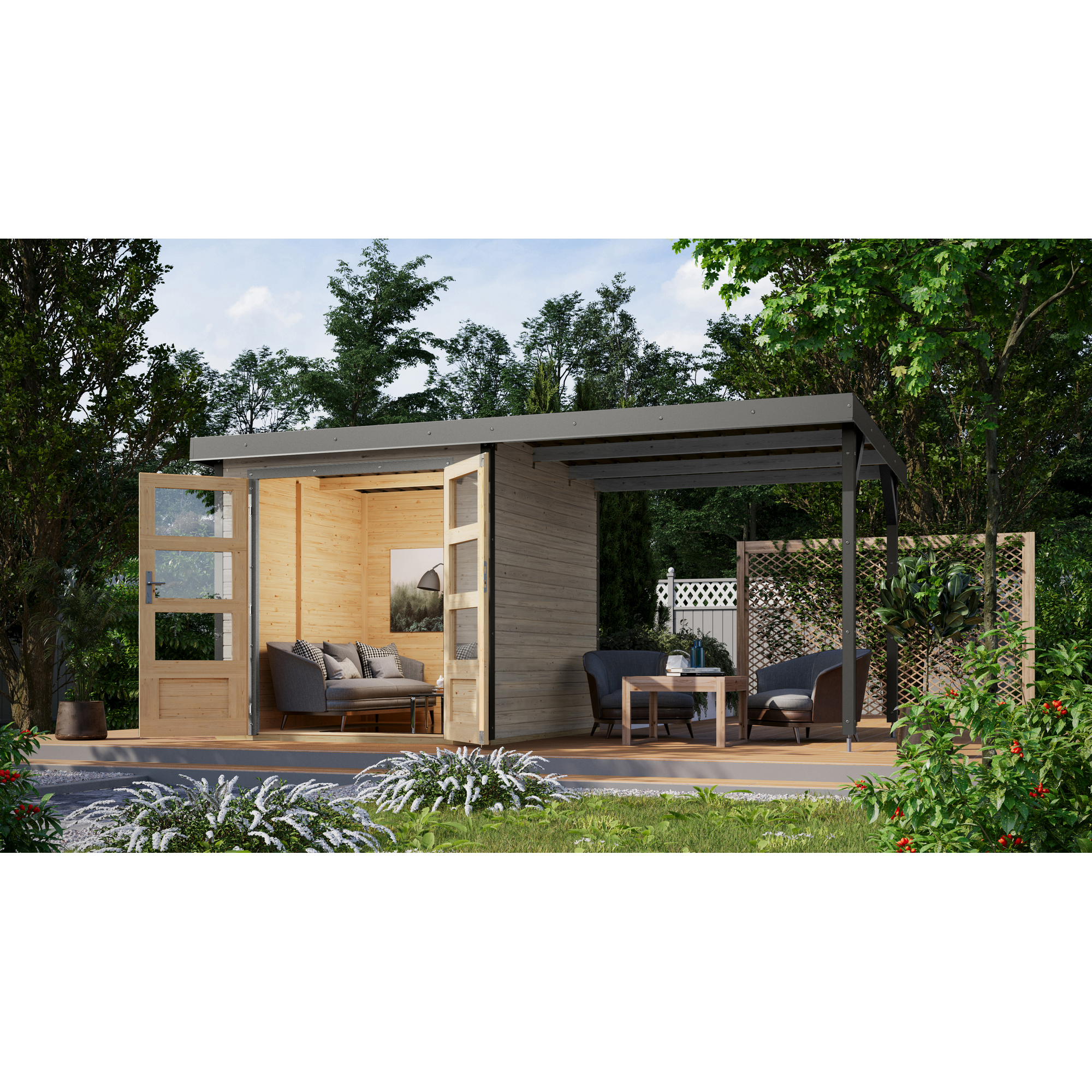 Metall-Holzgartenhaus-Set 'Komet 2 D' Fichtenholz wassergrau Metall graualuminium 438 x 208,5 x 213 cm
