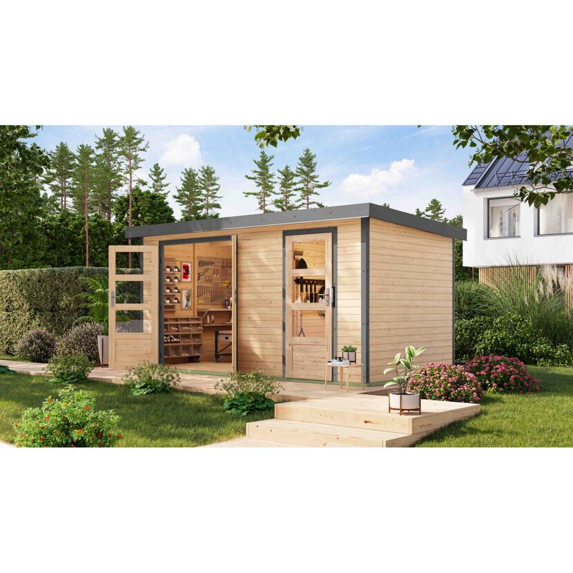 Metall-Holzgartenhaus 'Antaris A' Fichtenholz naturbelassen Metall graualuminium 400,5 x 209 x 213,5 cm