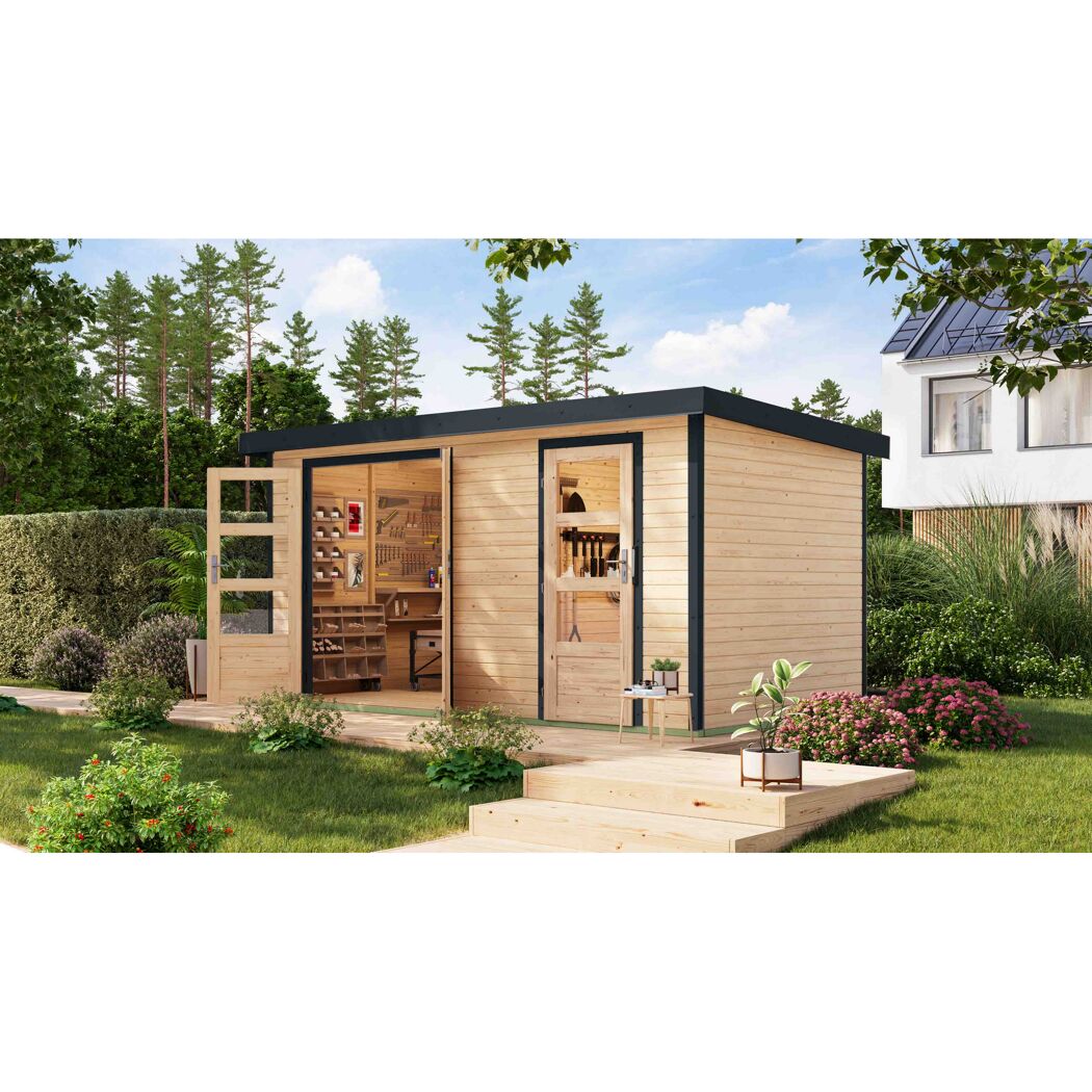 Metall-Holzgartenhaus 'Antaris A' Fichtenholz naturbelassen / anthrazit 400,5 x 209 x 213,5 cm