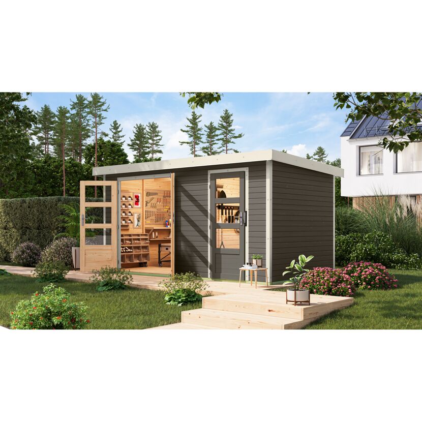 Metall-Holzgartenhaus 'Antaris B' Fichtenholz terragrau Metall weiß 400,5 x 209 x 213,5 cm