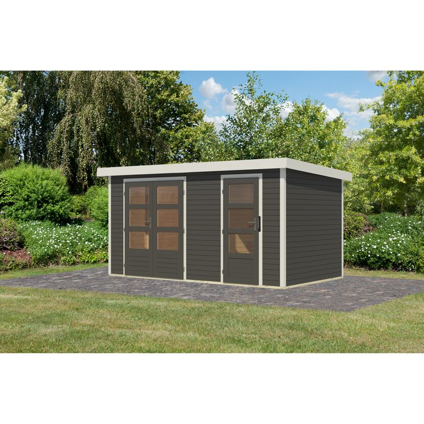 Metall-Holzgartenhaus 'Antaris B' Fichtenholz terragrau Metall weiß 400,5 x 209 x 213,5 cm