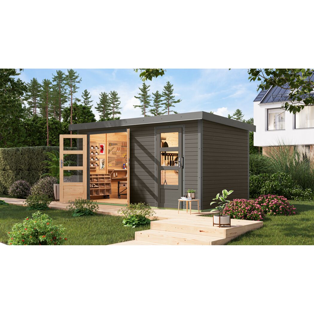 Metall-Holzgartenhaus 'Antaris B' Fichtenholz terragrau Metall graualuminium 400,5 x 209 x 213,5 cm