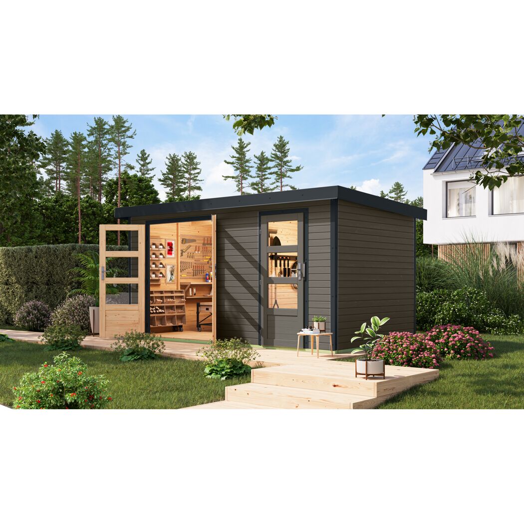 Metall-Holzgartenhaus 'Antaris B' Fichtenholz terragrau Metall anthrazit 400,5 x 209 x 213,5 cm
