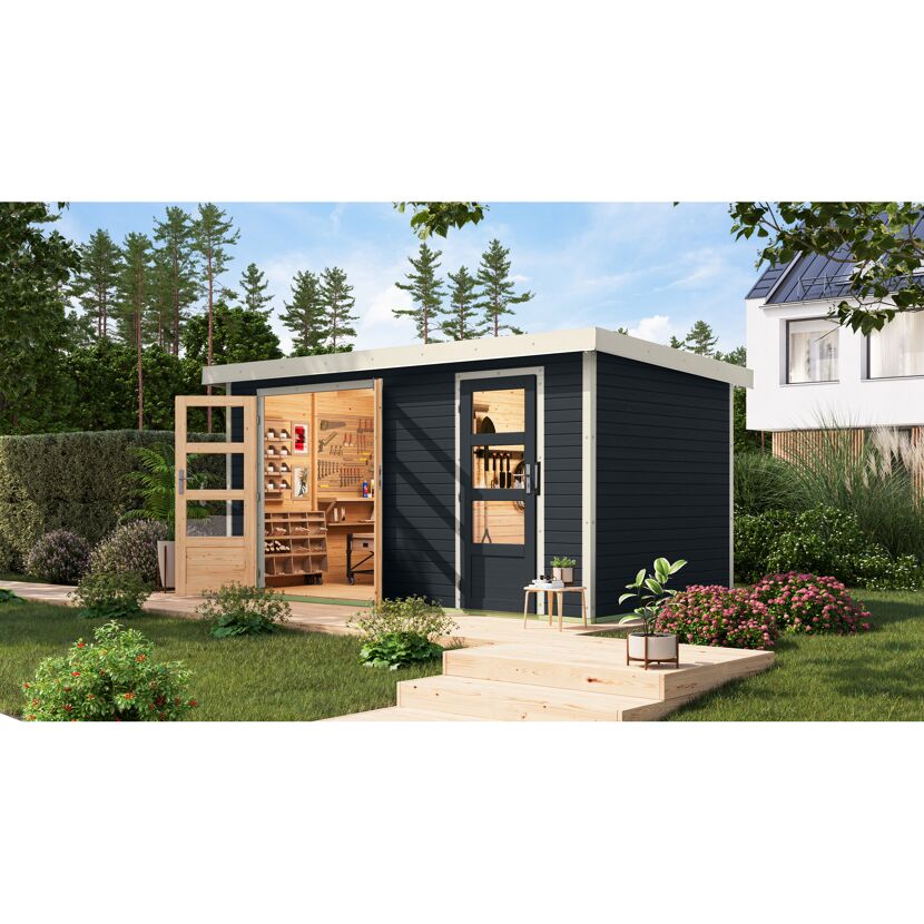 Metall-Holzgartenhaus 'Antaris C' Fichtenholz anthrazit Metall weiß 400,5 x 209 x 213,5 cm