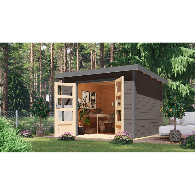 Metall-Holzgartenhaus 'Meteor 6 B' Fichtenholz terragrau Metall graualuminium 271 x 218,5 x 271 cm