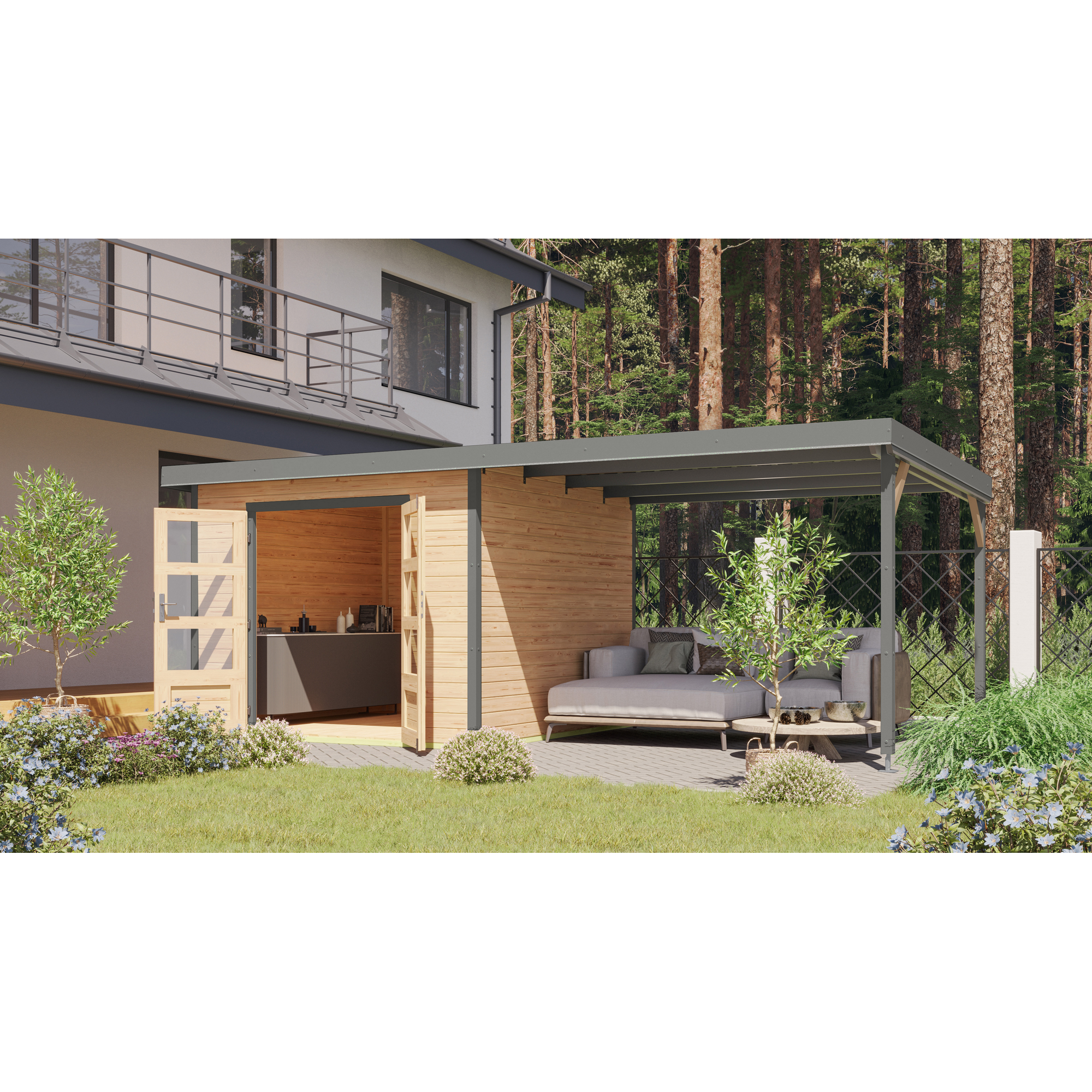 Metall-Holzgartenhaus-Set 'Meteor 6 A' naturbelassen / graualuminium 574 x 218,5 x 271 cm